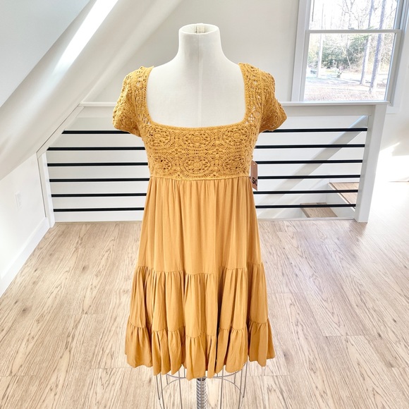 NWT XS M SO Mustard, yellow, bohemian baby doll, crochet, mini dress - Picture 3 of 7